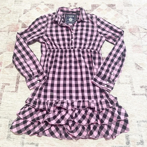 Y2K Victoria’s Secret Pink & black plaid babydoll shirt dress ruffled hem size M - Picture 3 of 12